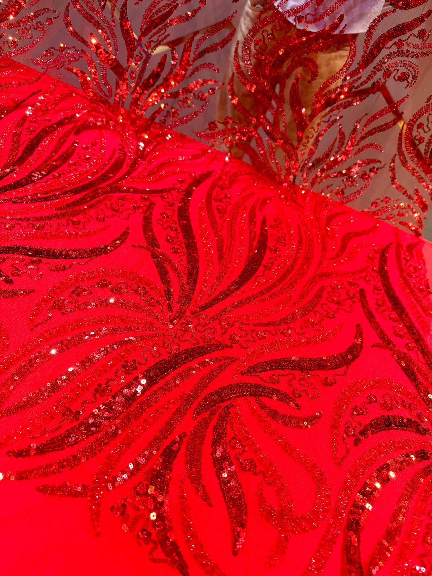 Minal Red Handwork Net Embroidery With Pearls And Cutdana Work 54 inch width