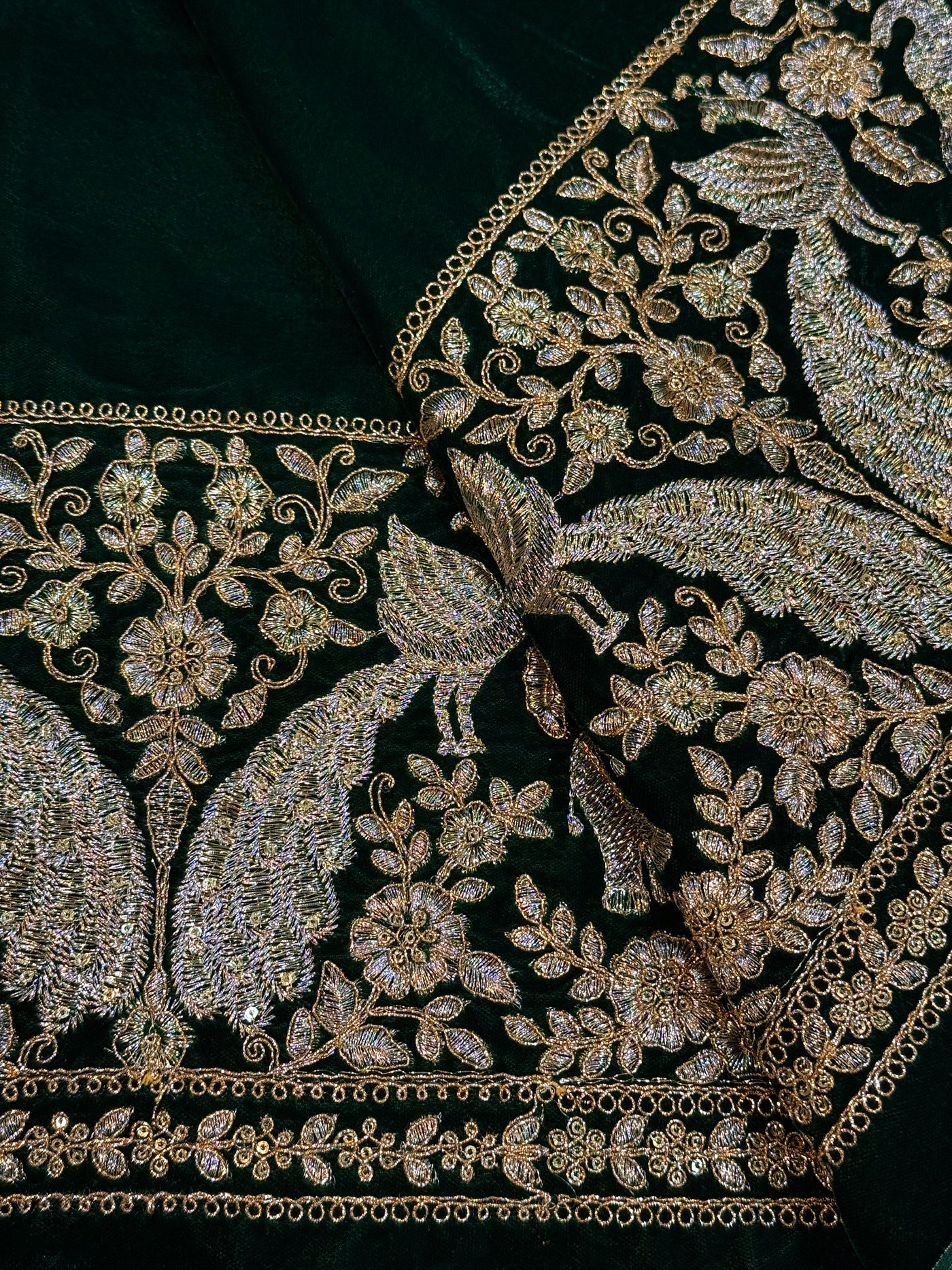 Bottle Green Ivy Velvet Daaman Zari embroidery  44 Inch width