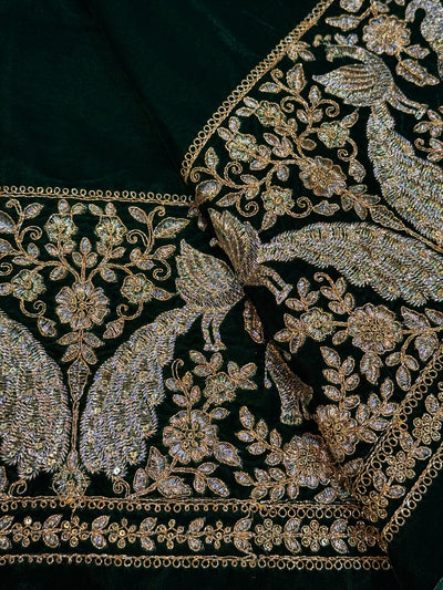 Bottle Green Ivy Velvet Daaman Zari embroidery  44 Inch width