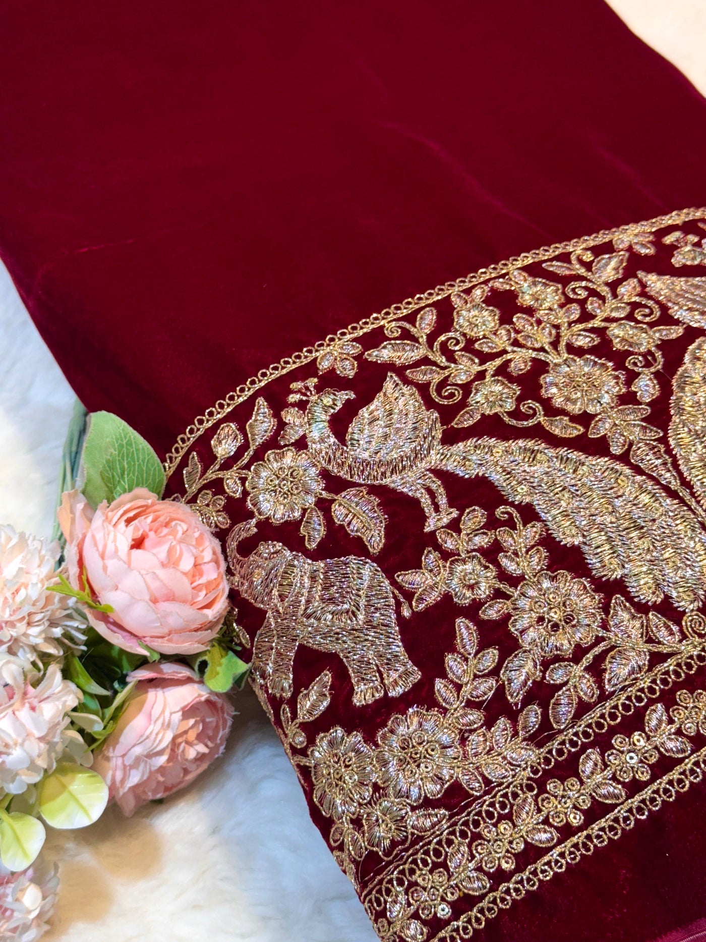 Red Ivy Velvet Daaman Zari embroidery 44 Inch width