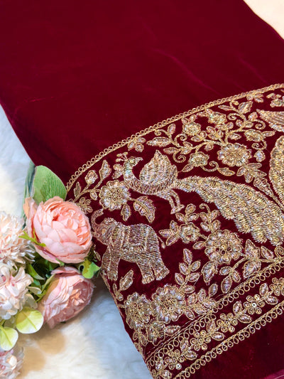Red Ivy Velvet Daaman Zari embroidery 44 Inch width