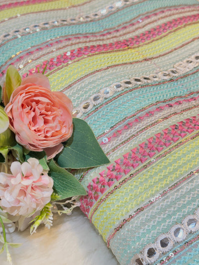 Aqua Green Georgette Thread And Mirror Stripe Embroidery 44 Inch Width