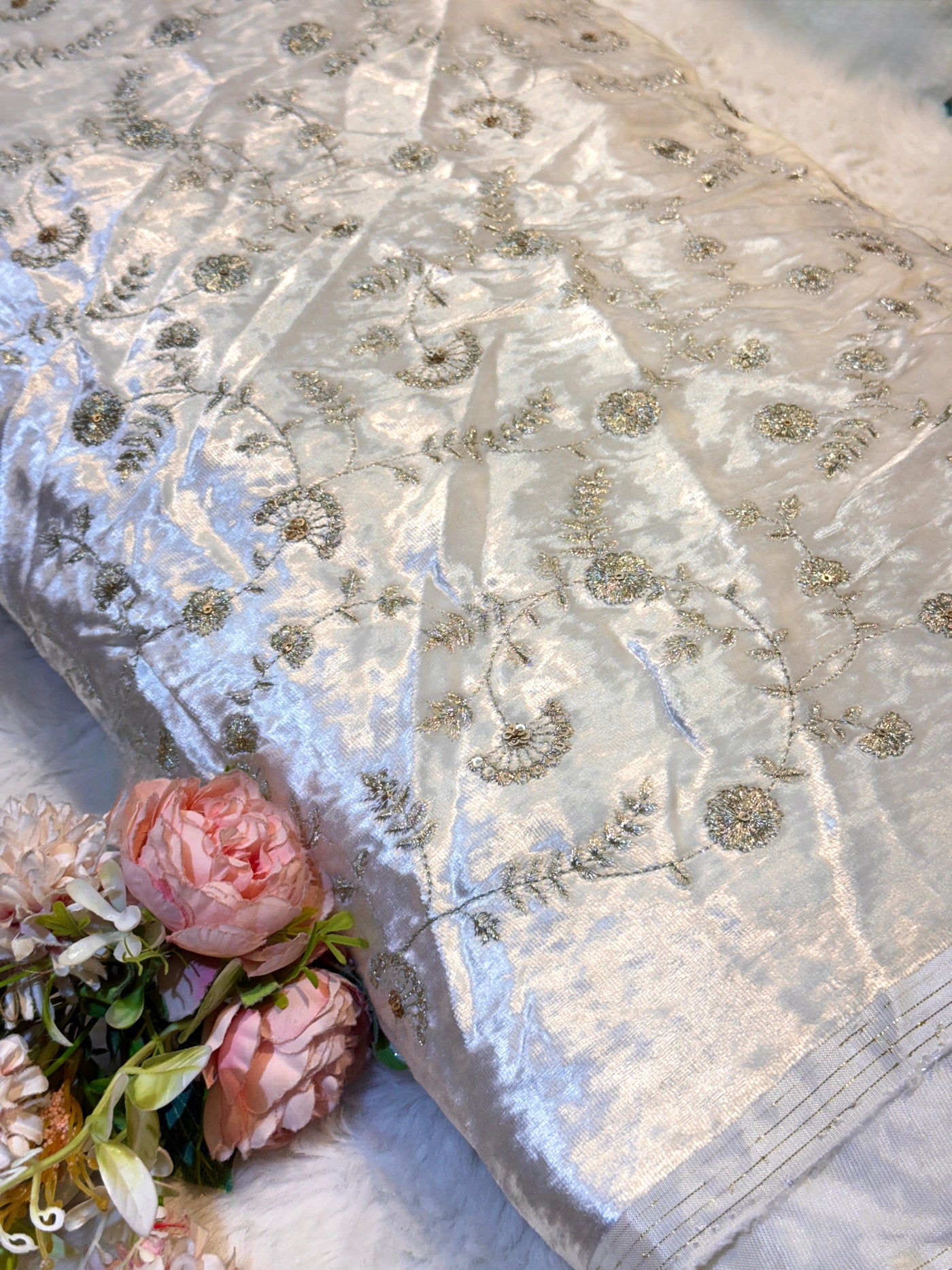 Pure Velvet Dyeable Embroidery With Floral Zari jal 44 inch width