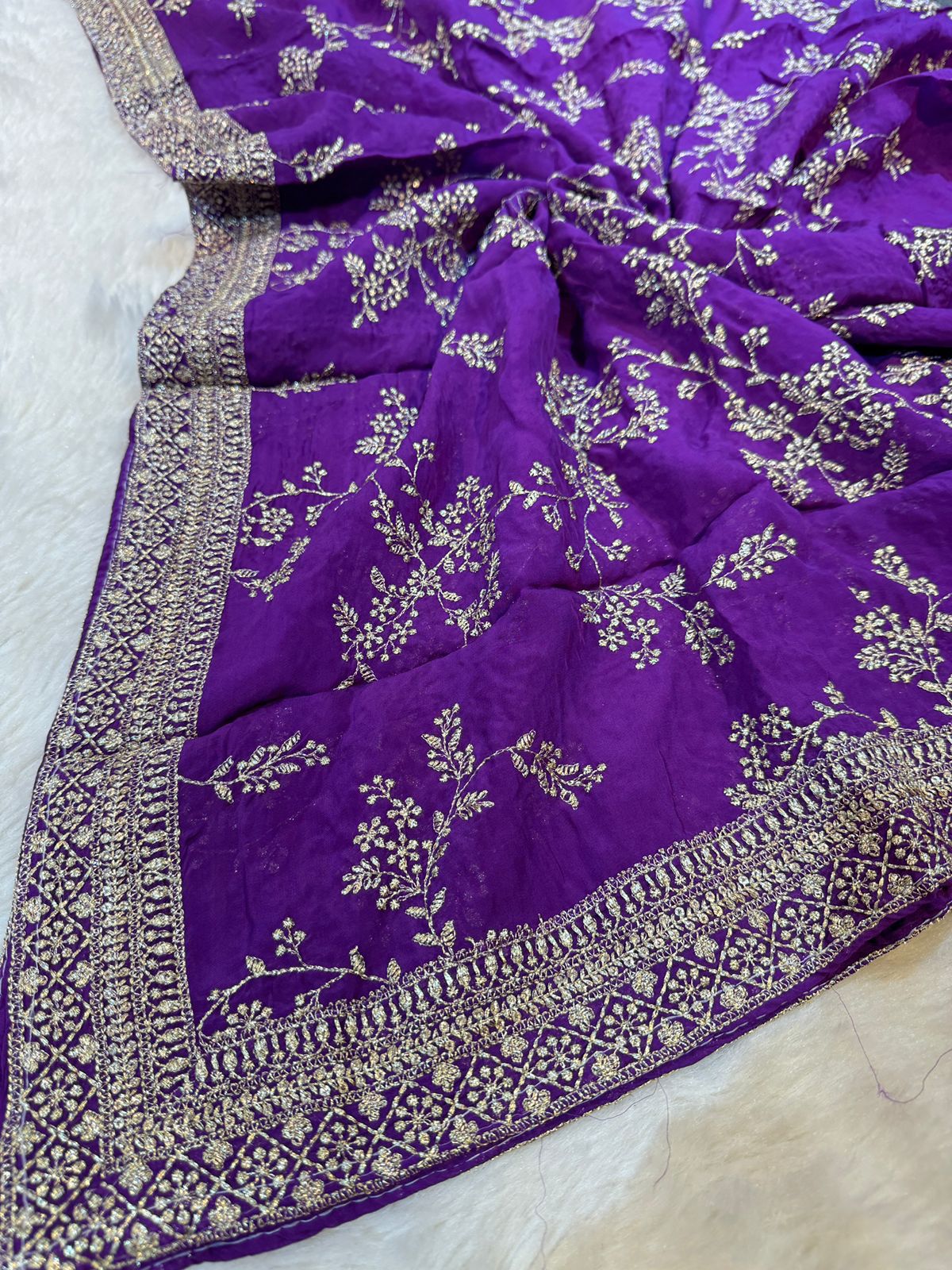 Pure Crape Brocade with Pure  Viscose Organza Purple Suit Set