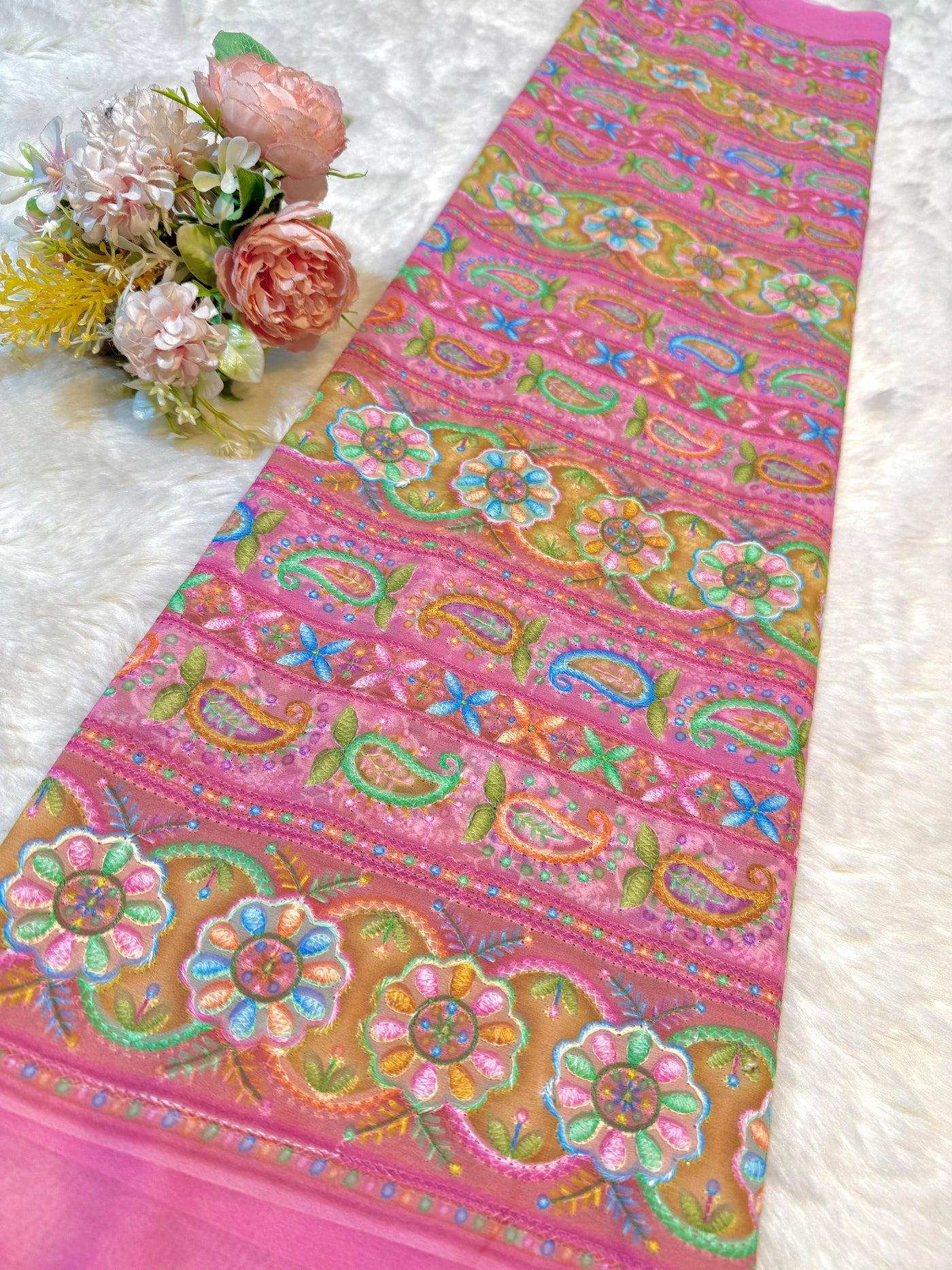 Pink Georgette Chikankari Stripe Floral Threadwork Embroidery 44 inch width