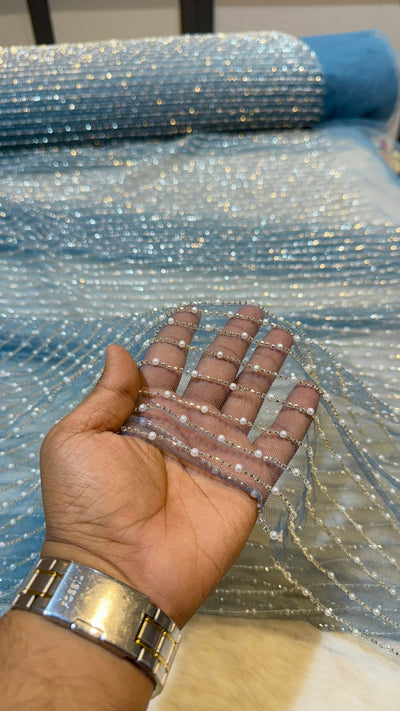 Net Stripe Handwork Nets with Cutdana and Pearl work 54 inch width