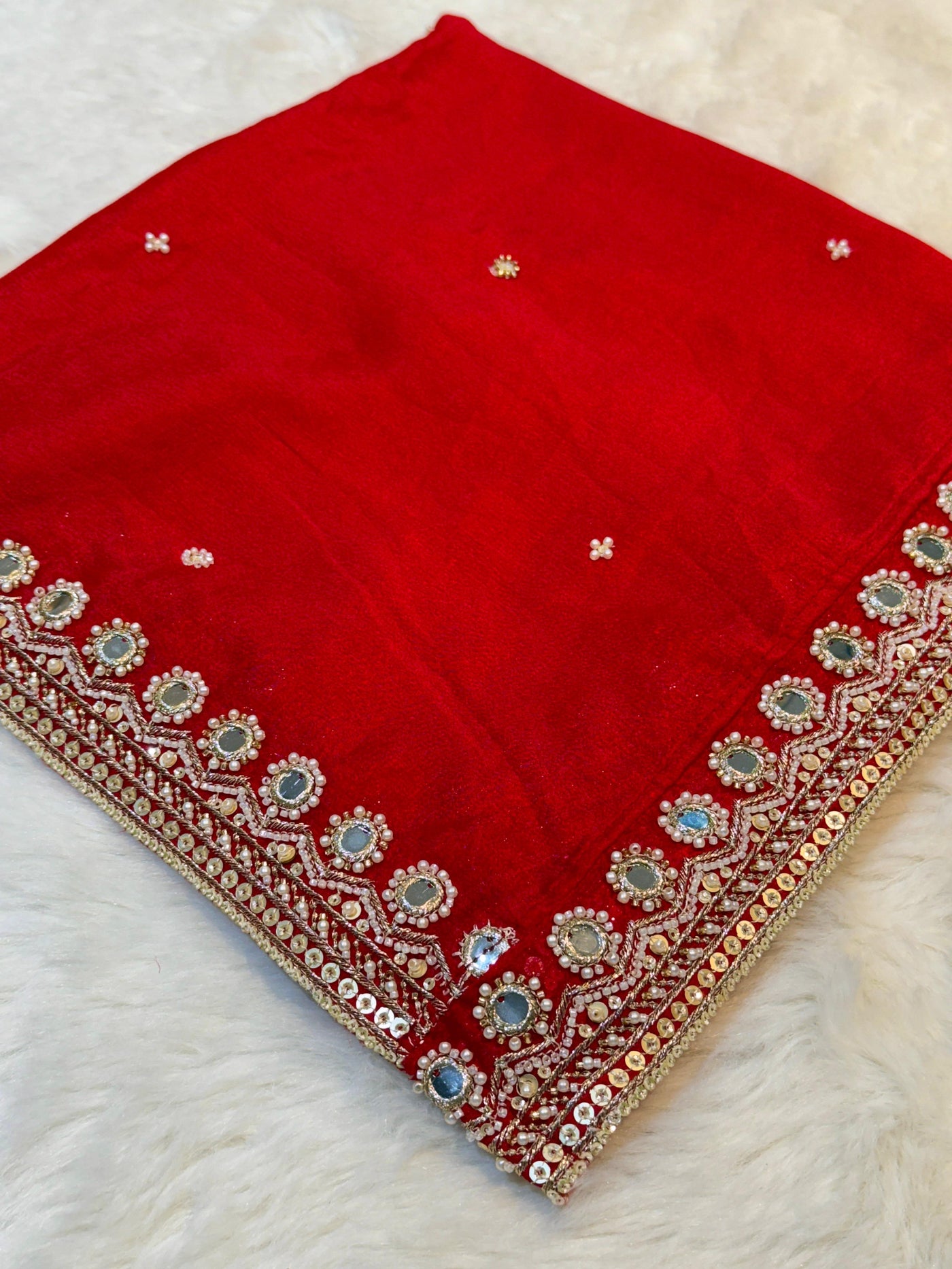 Bright Red Pure Chinon Handwork Dupatta with Four Side Mirror Cutdana Work Borders (2.40 meter length )