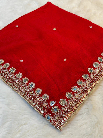 Bright Red Pure Chinon Handwork Dupatta with Four Side Mirror Cutdana Work Borders (2.40 meter length )