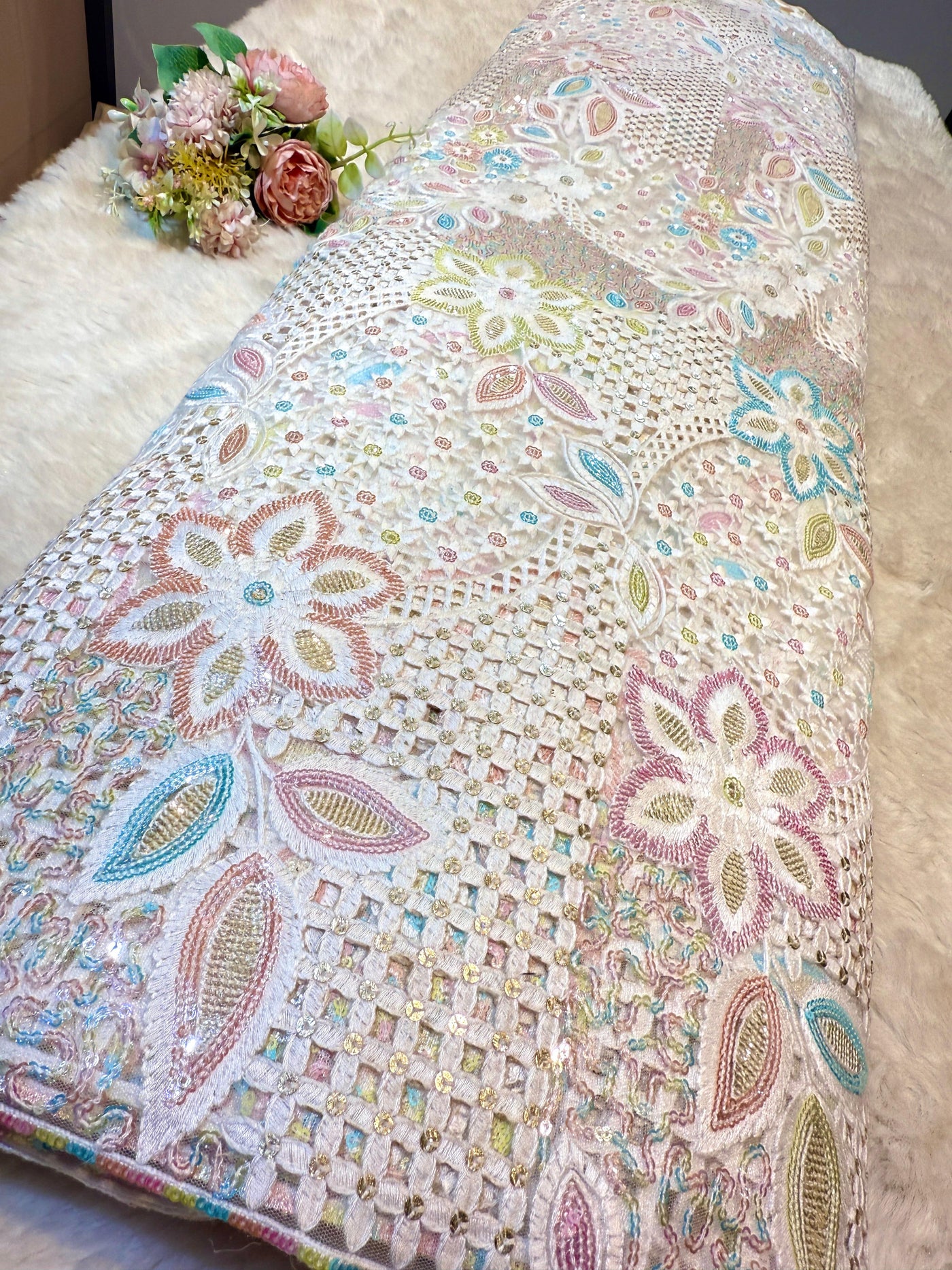 Net Thread and Sequins Embroidery Dyeable 48 inch width