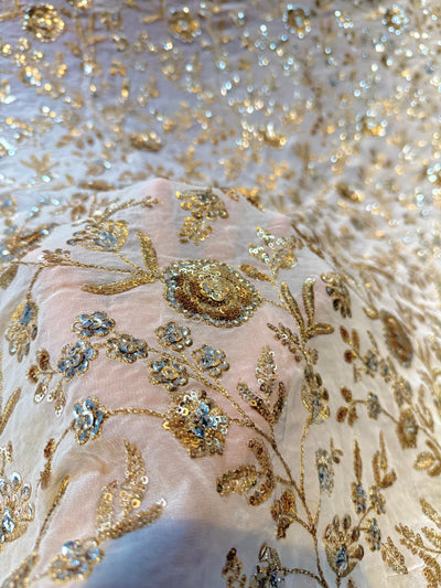 (Precut of 0.75 Meter) Pure Georgette Dyeable Embroidery with Sequins work 44 inch width (A1)