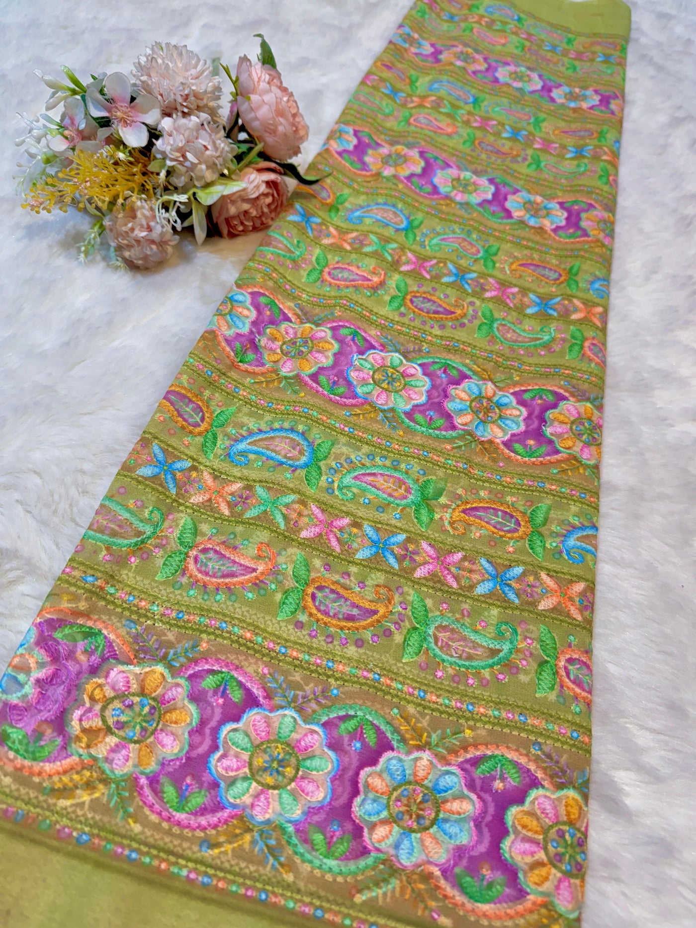Green Georgette Chikankari Stripe Floral Threadwork Embroidery 44 inch width