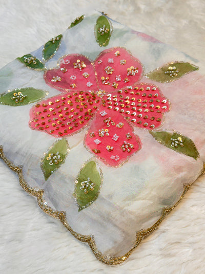 Ayesha white Pure Organza Handwork Dupatta With Floral Work and Four Side Scalloped Borders 2.40 meter length