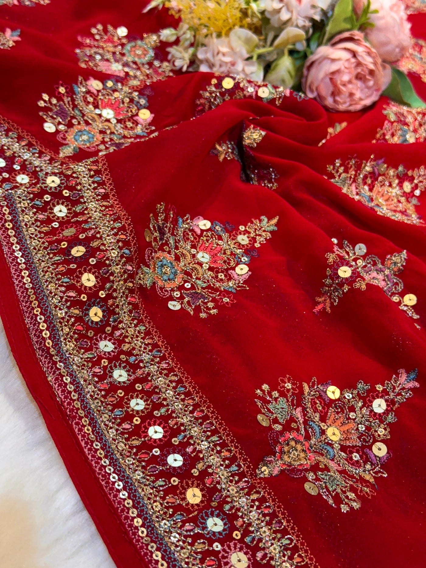 Red Georgette Dupatta With Four side borders