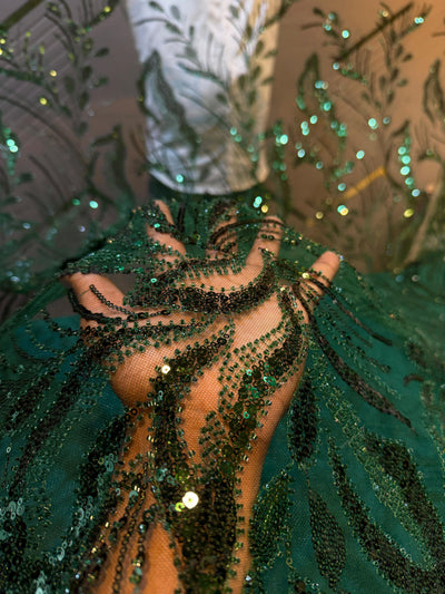 Bottle Green Handwork Net Embroidery 50 inch width