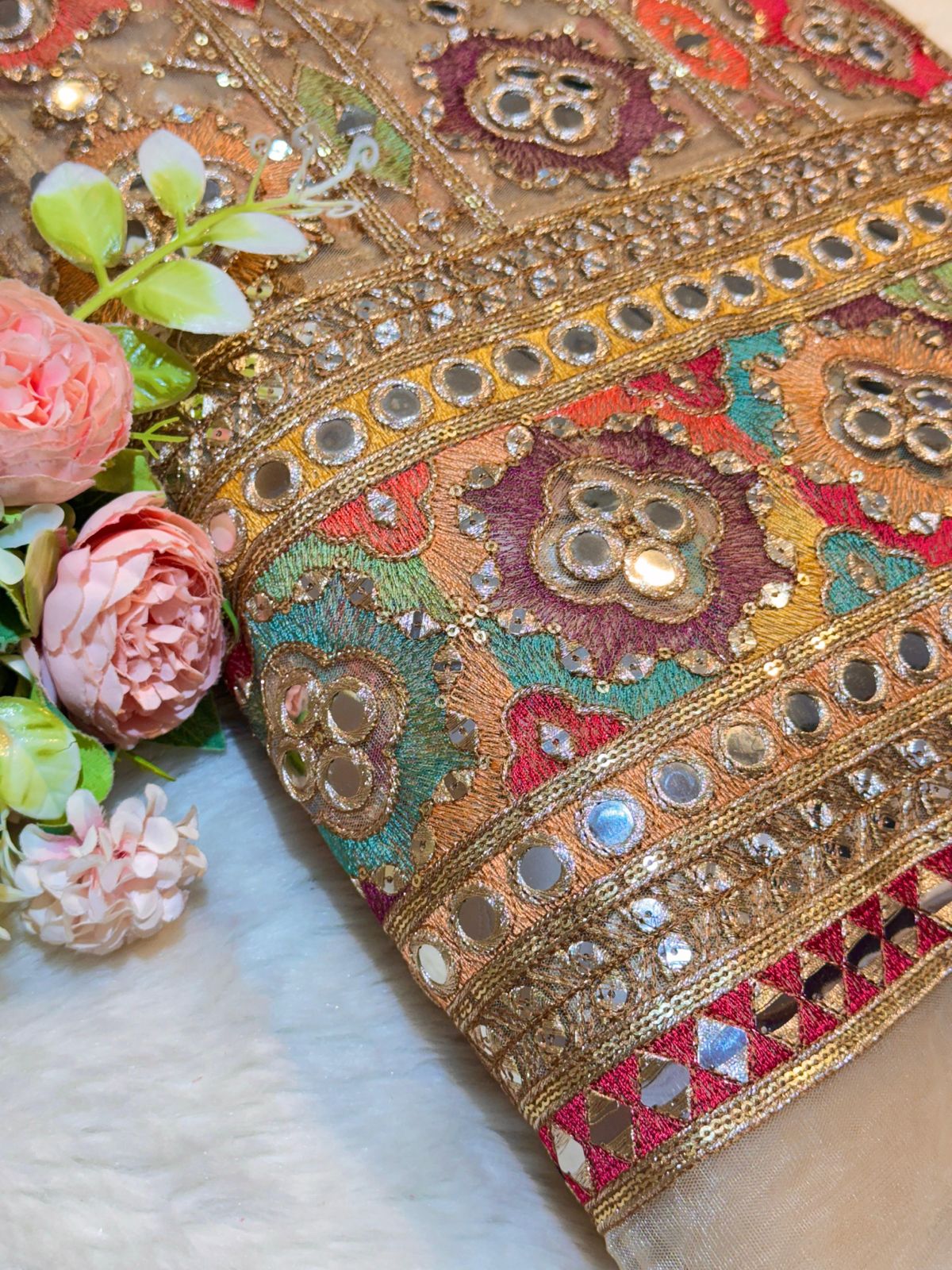 Gulbagh Mirror And Threadwork Nets 48 inch width Beige color base