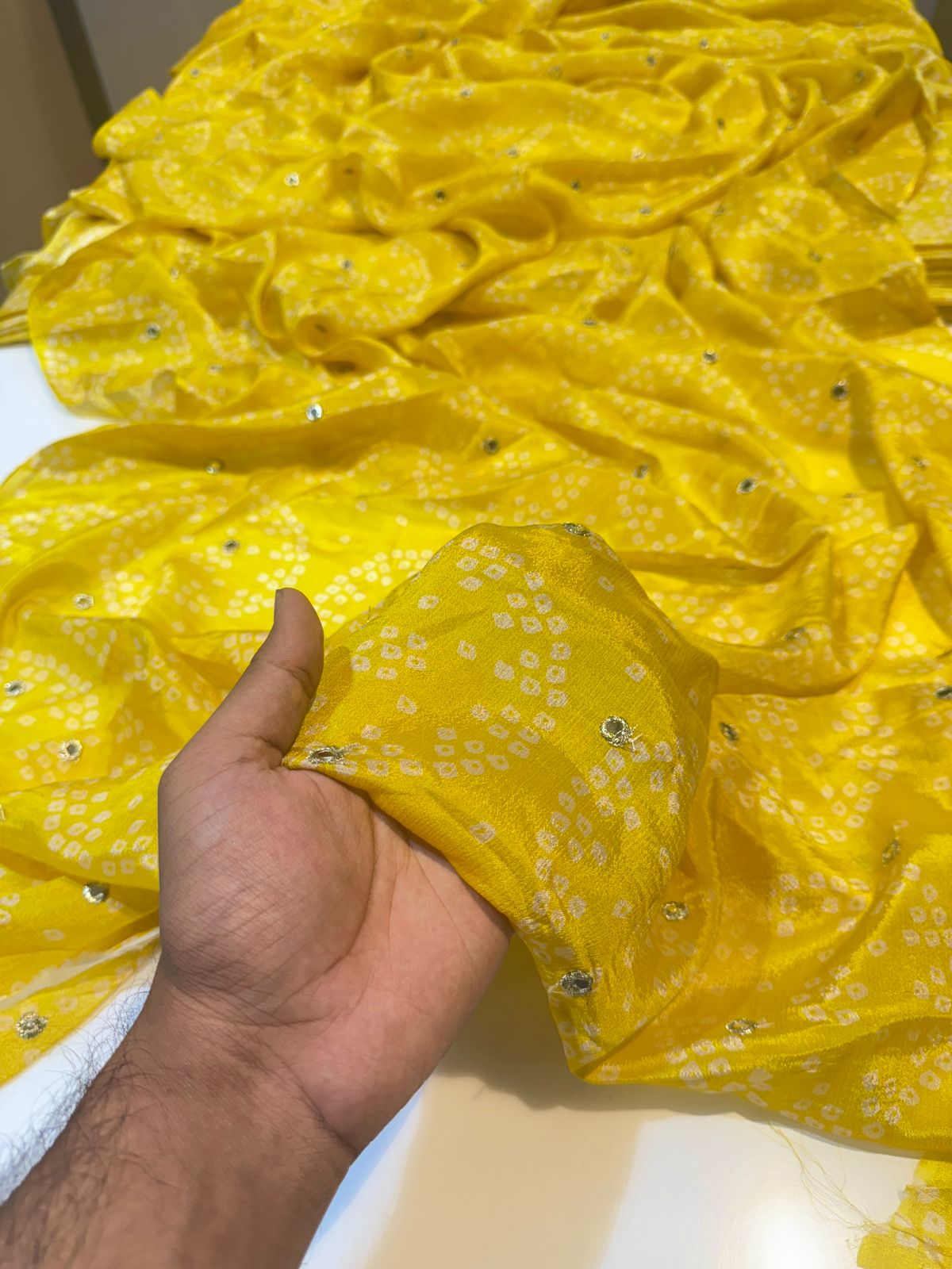 Pure Chinon with Embroidery with Bandhej print 44 Inch width