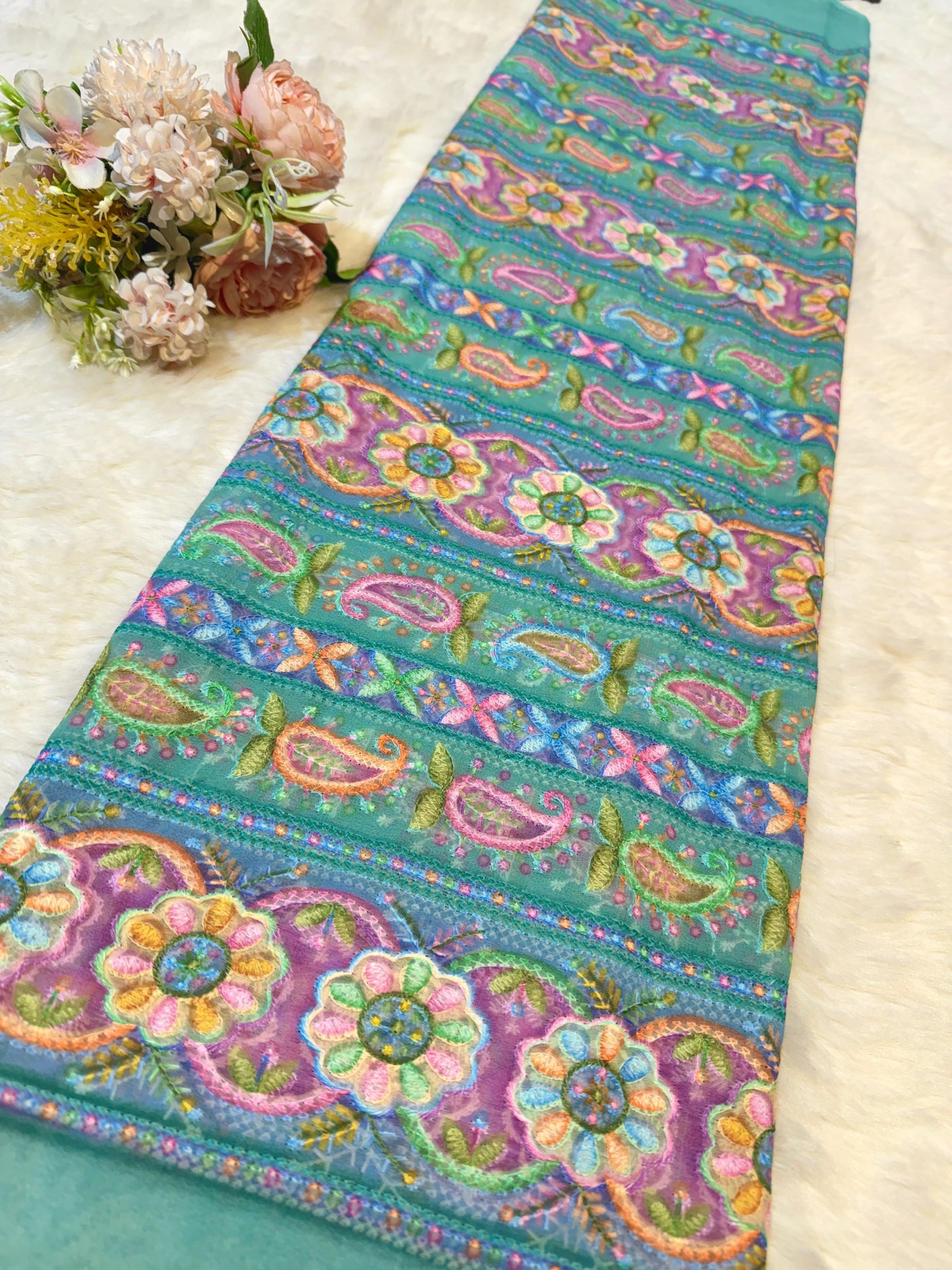 Aqua Green Georgette Chikankari Stripe Floral Threadwork Embroidery 44 inch width