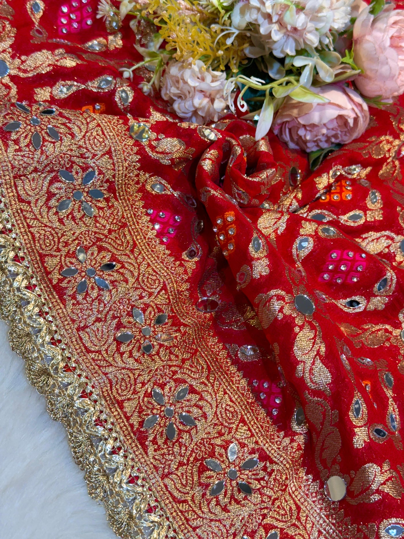 Red Sheeshmahal Pure Georgette Handwork Dupatta 2.35 Meter Length