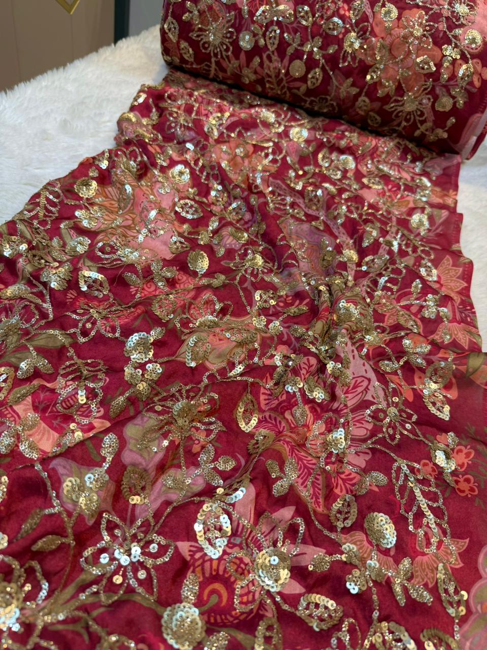 Ifra Satin Georgette Floral with Sequins Embroidery 44 inch width