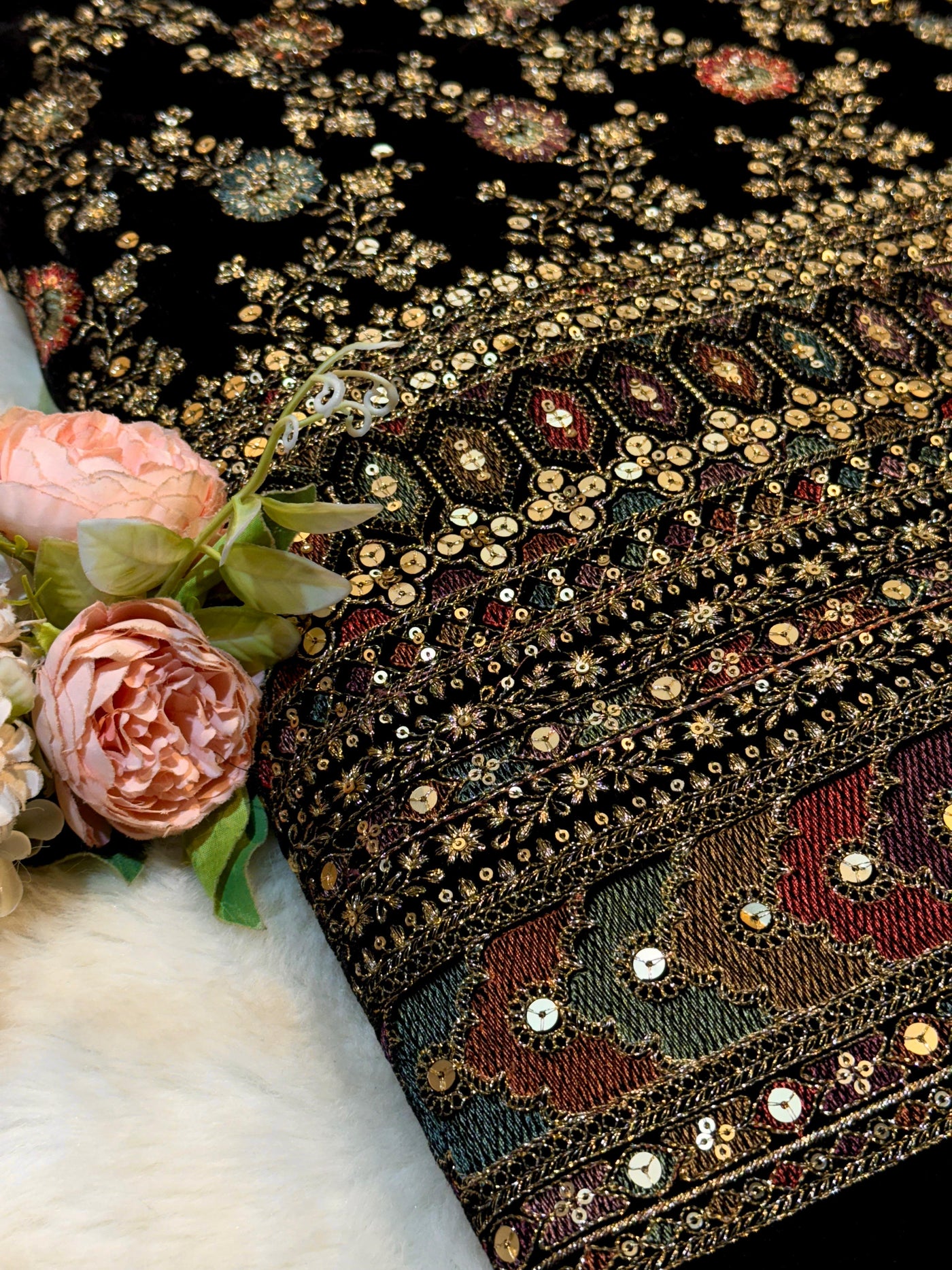 Black velvet Embroidery Thread and Sequins work 48 Inch width