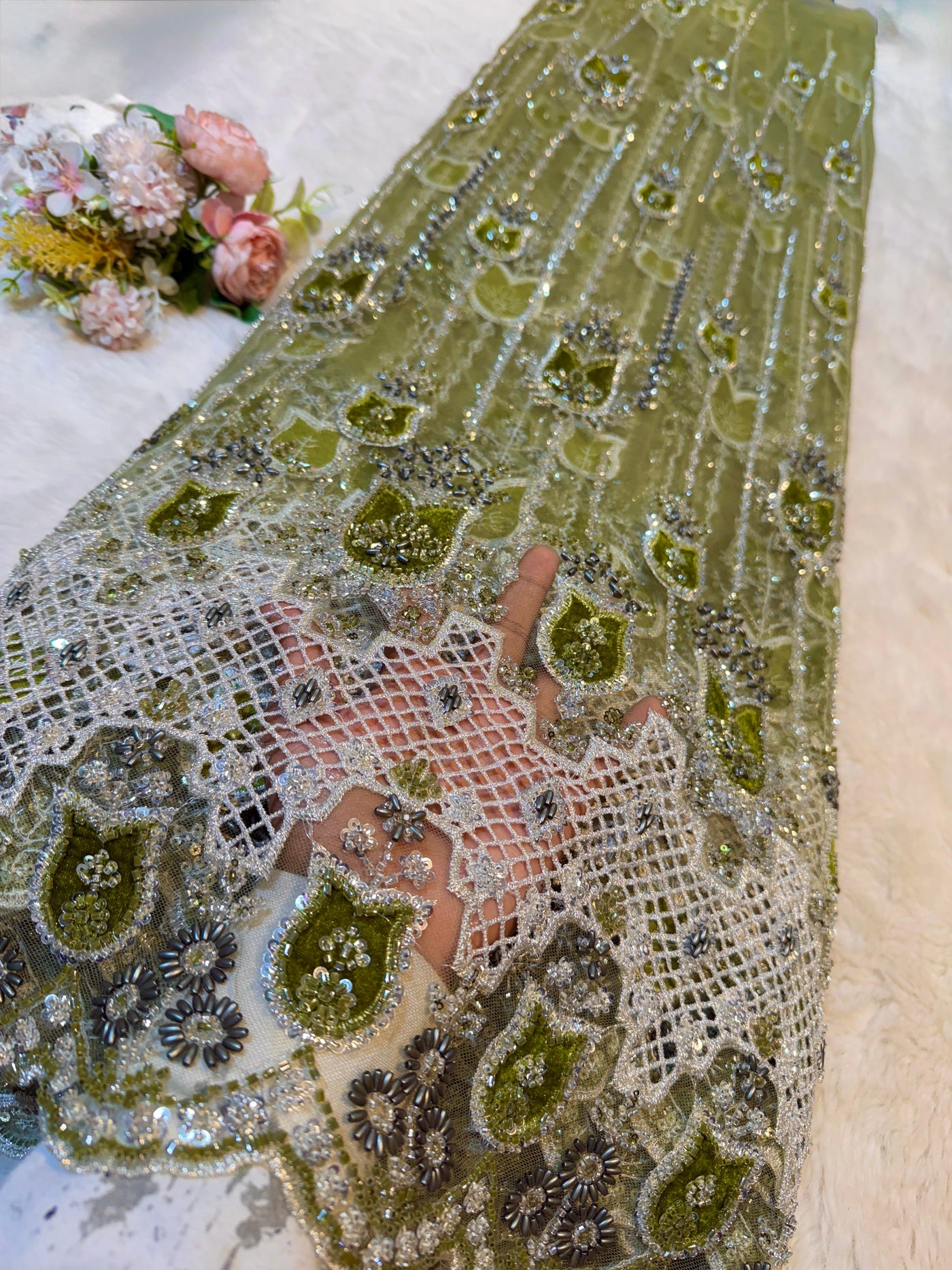 Imported Handwork Net Embroidery with Velvet Applique Work 54 inch width
