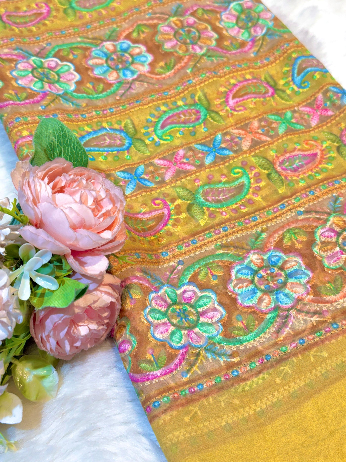 Yellow Georgette Chikankari Stripe Floral Threadwork Embroidery 44 inch width