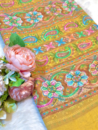 Yellow Georgette Chikankari Stripe Floral Threadwork Embroidery 44 inch width