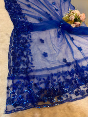 Electric Blue Imported Handwork Net Embroidery Dupatta with Scalloped Borders 2.50 meter Length