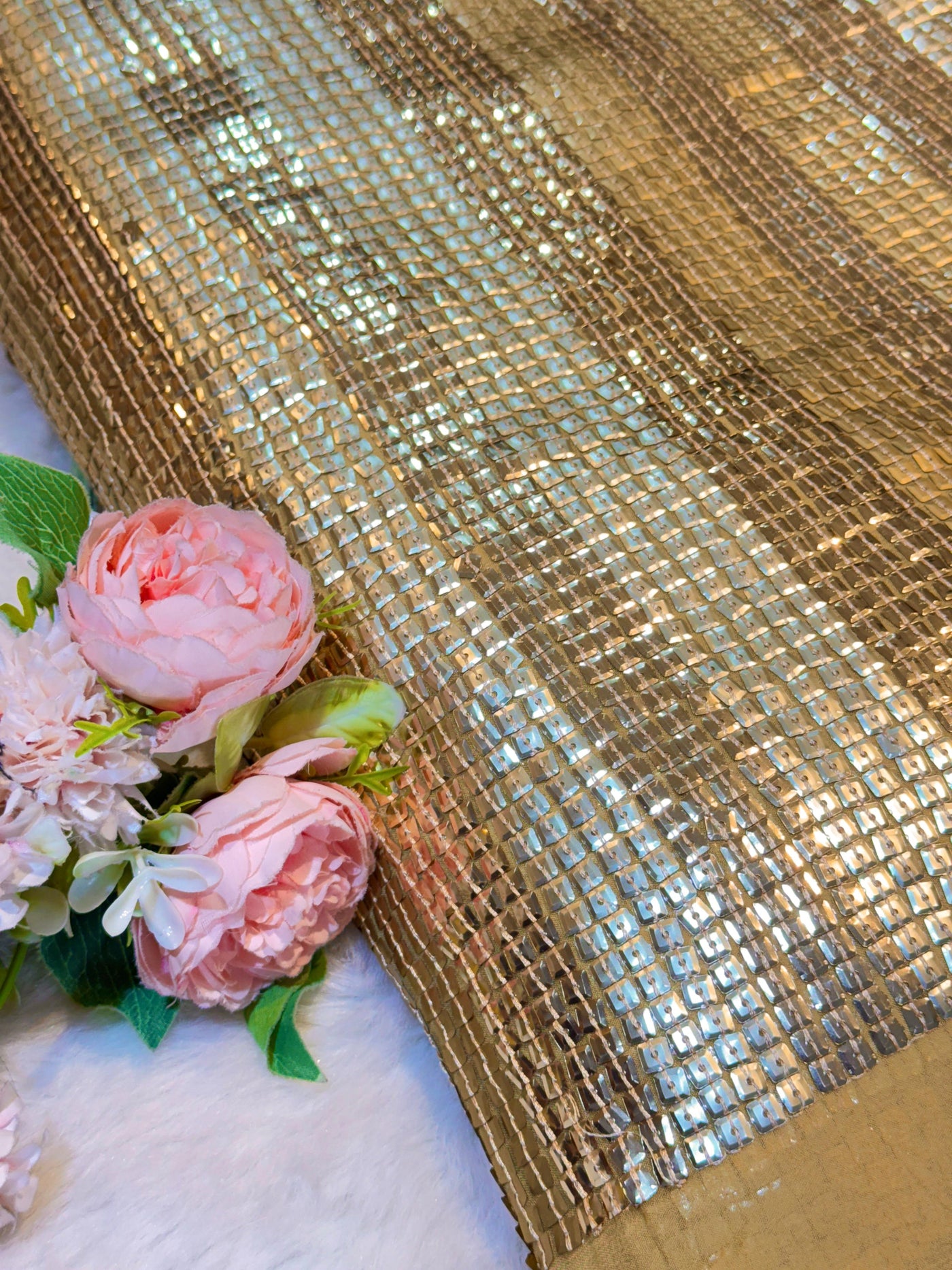 (Preorder - Dispatch after 20 Days) Sahiba Gold Pure Georgette Embroidery With Multiple Stripes Sequins Pattern 48 inch width