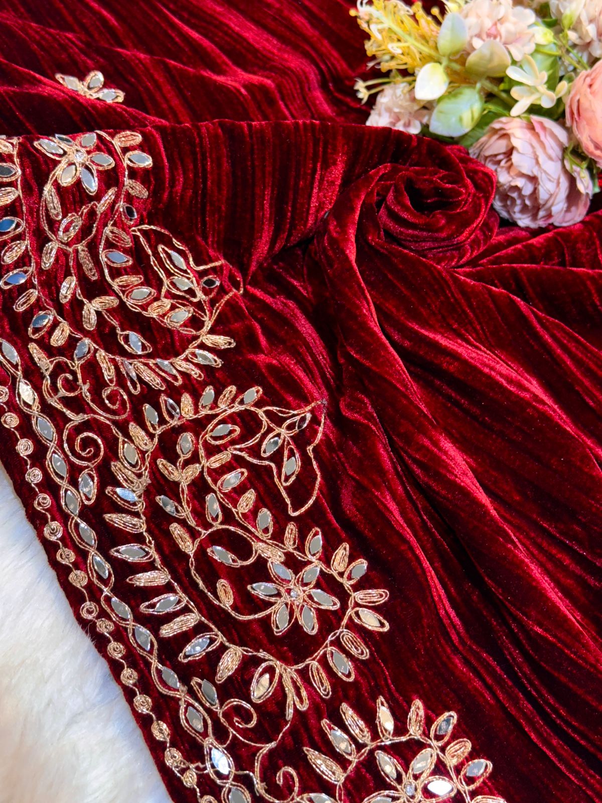 Maroon Pure Crush Velvet Real Mirror Handwork Dupatta 2.50 meter length