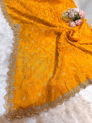 Falak Mustard Pure munga Silk Original Hand bandhej dupatta with Banarsi booti and Cutwork borders