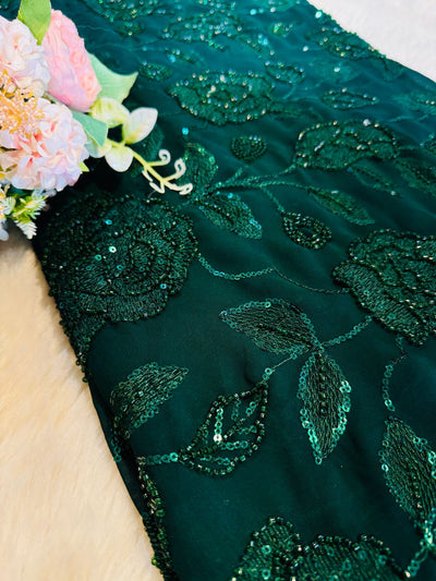 (Precut of 1.50 Meter) Shenza Bottle Green Handwork Georgette Embroidery 44 inch width