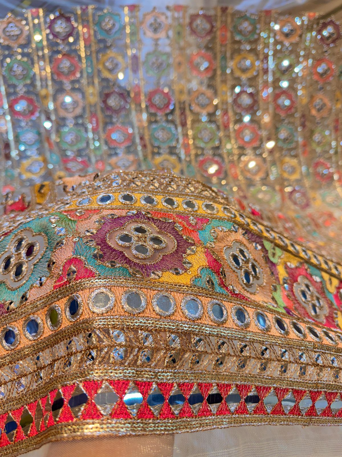 Gulbagh Mirror And Threadwork Nets 48 inch width Beige color base