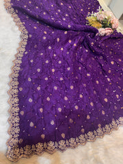Falak Purple Pure munga Silk Original Hand bandhej dupatta with Banarsi booti and Cutwork borders