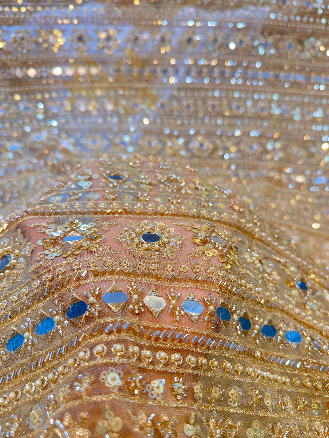 Beige Handwork Net Embroidery Stripes Pattern with Cutdana Mirror Work 44 inch width