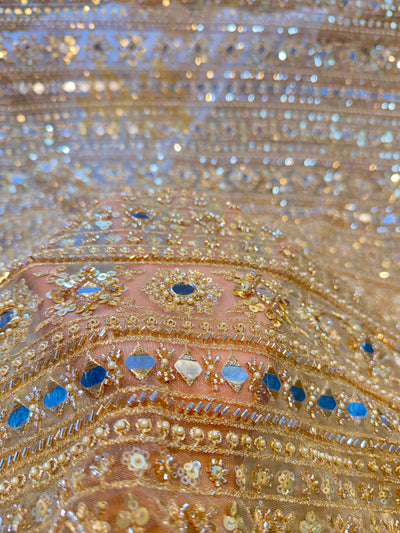 Beige Handwork Net Embroidery Stripes Pattern with Cutdana Mirror Work 44 inch width