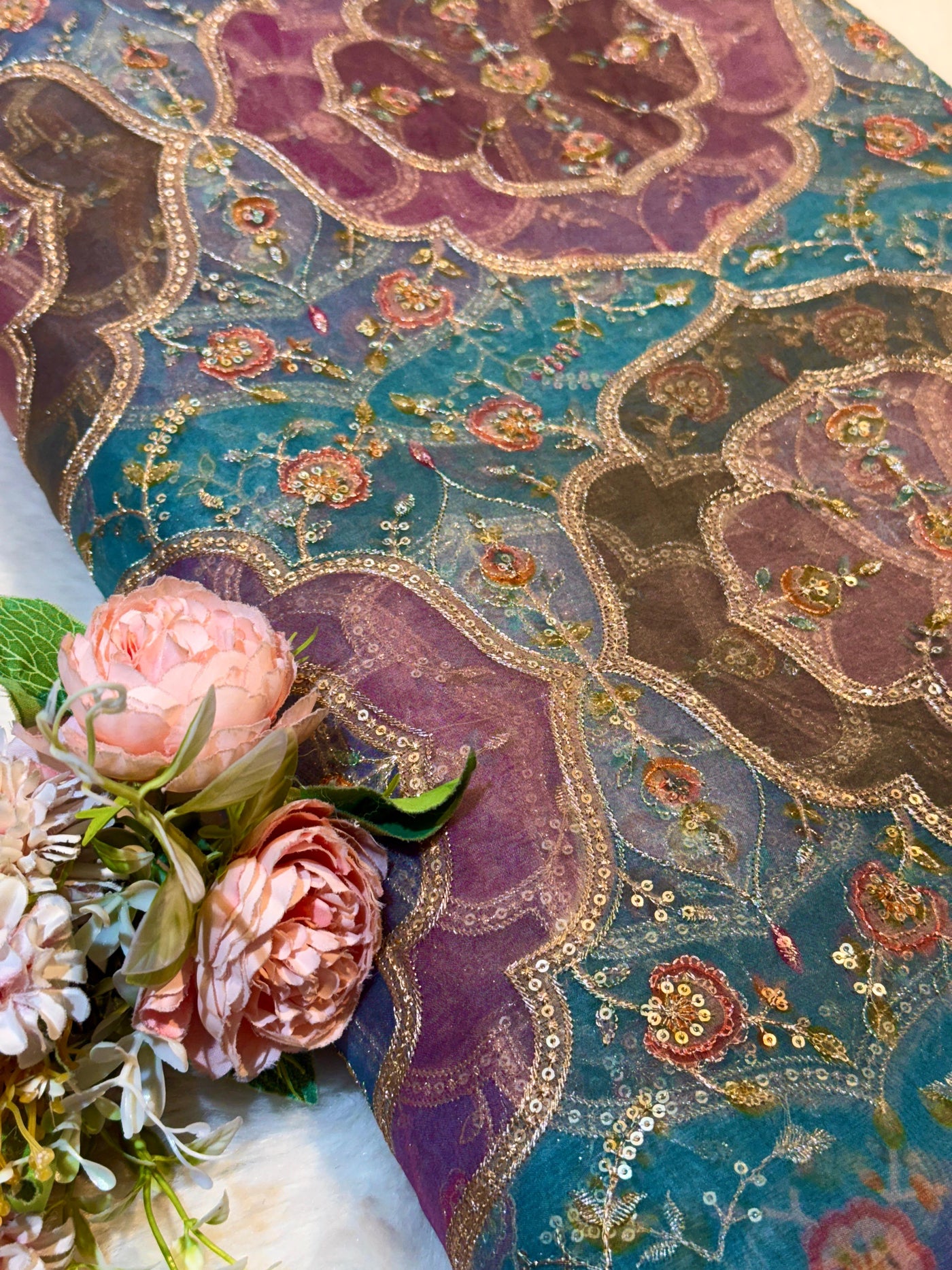 Iliana Aqua Blue Organza Prints with Embroidery 44 inch width