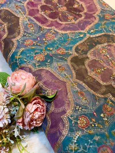 Iliana Aqua Blue Organza Prints with Embroidery 44 inch width