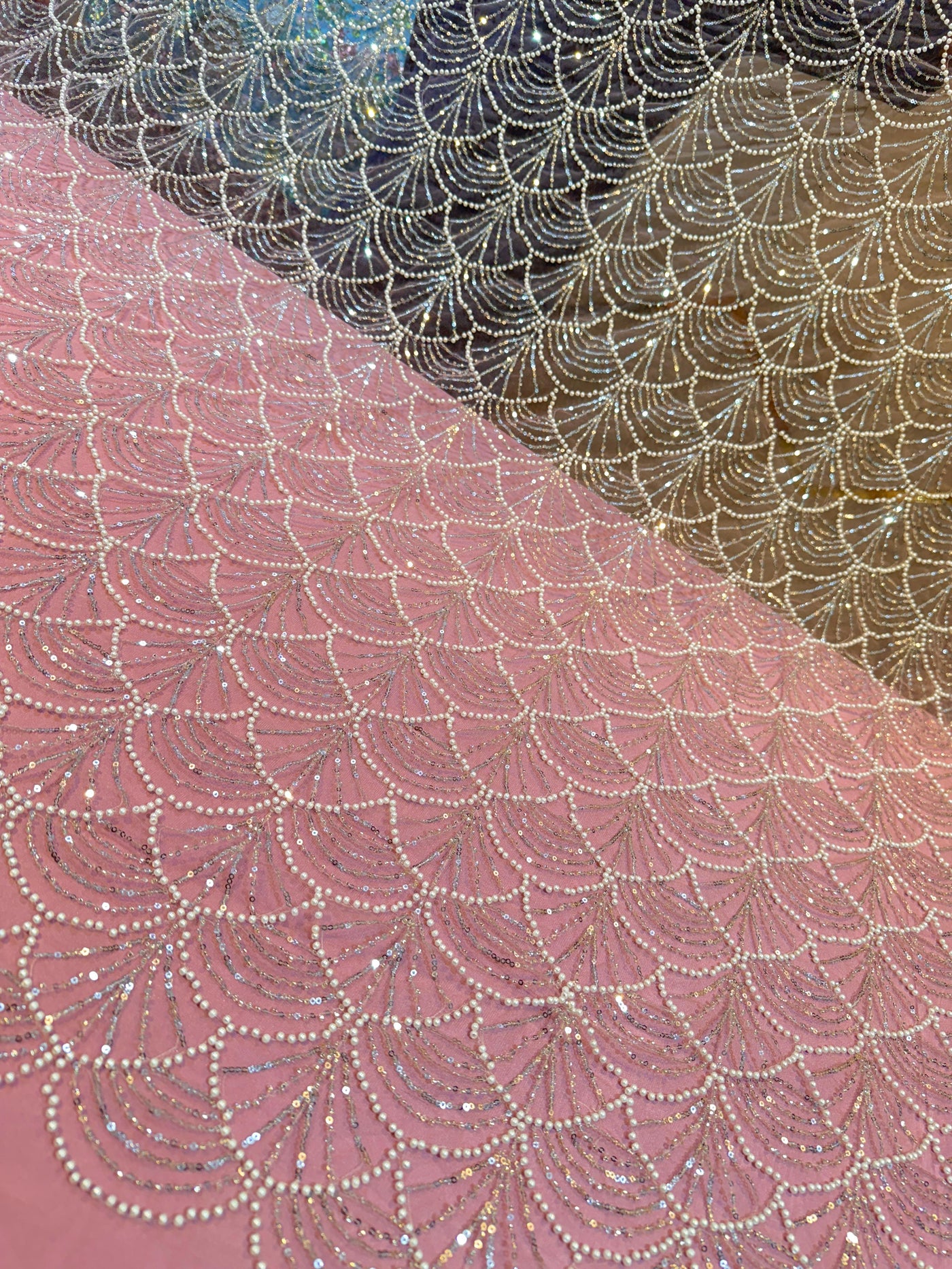 Elif Lite Pink Color Handwork Net Embroidery With Pearl Sequins and Cutdana Work 50 Inch width