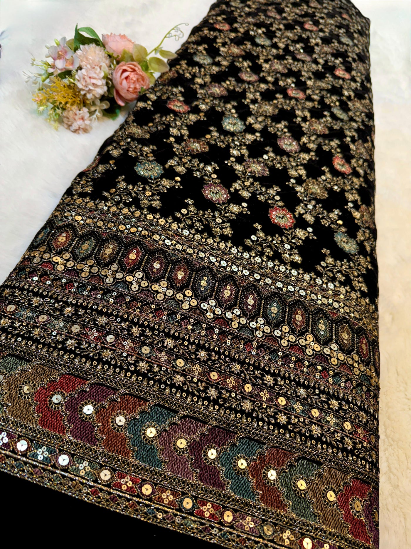 Black velvet Embroidery Thread and Sequins work 48 Inch width
