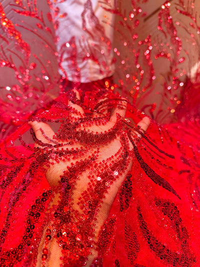 Red Handwork Net Embroidery 50 inch width