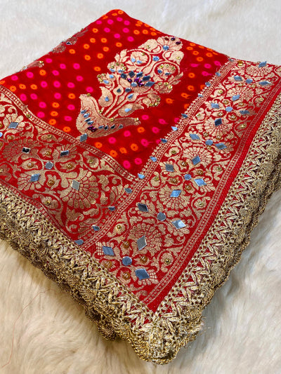 Sheeshmahal Pure Georgette  Original Mirror Work Shaded Dupatta 2.30 meter length 35 inch width with bandhej weave