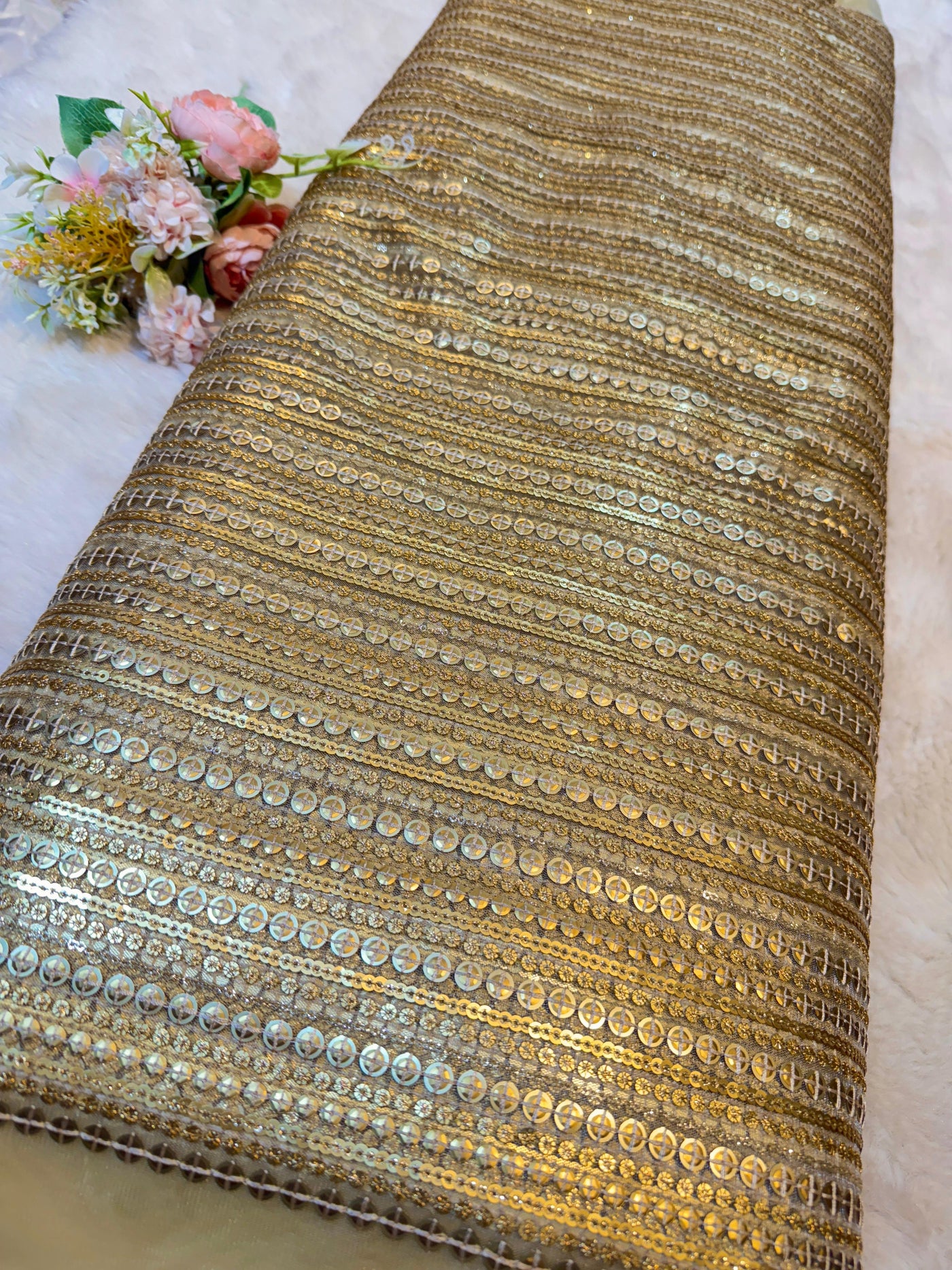 Beige Net Sequins Embroidery 44 Inch width