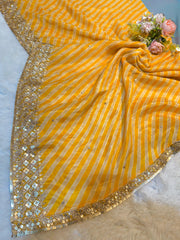 Traditional Pure Chinon Mustard Lehria Dupatta with Sequins Work Border 2.40 meter length