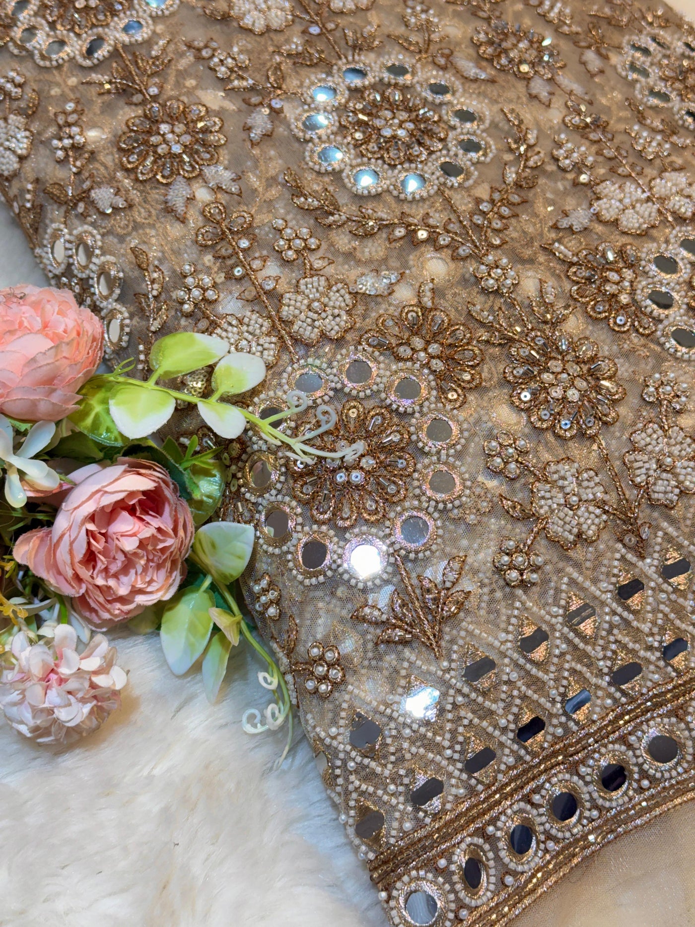 Net Big width Handwork Embroidery Beige colour 54 inch width