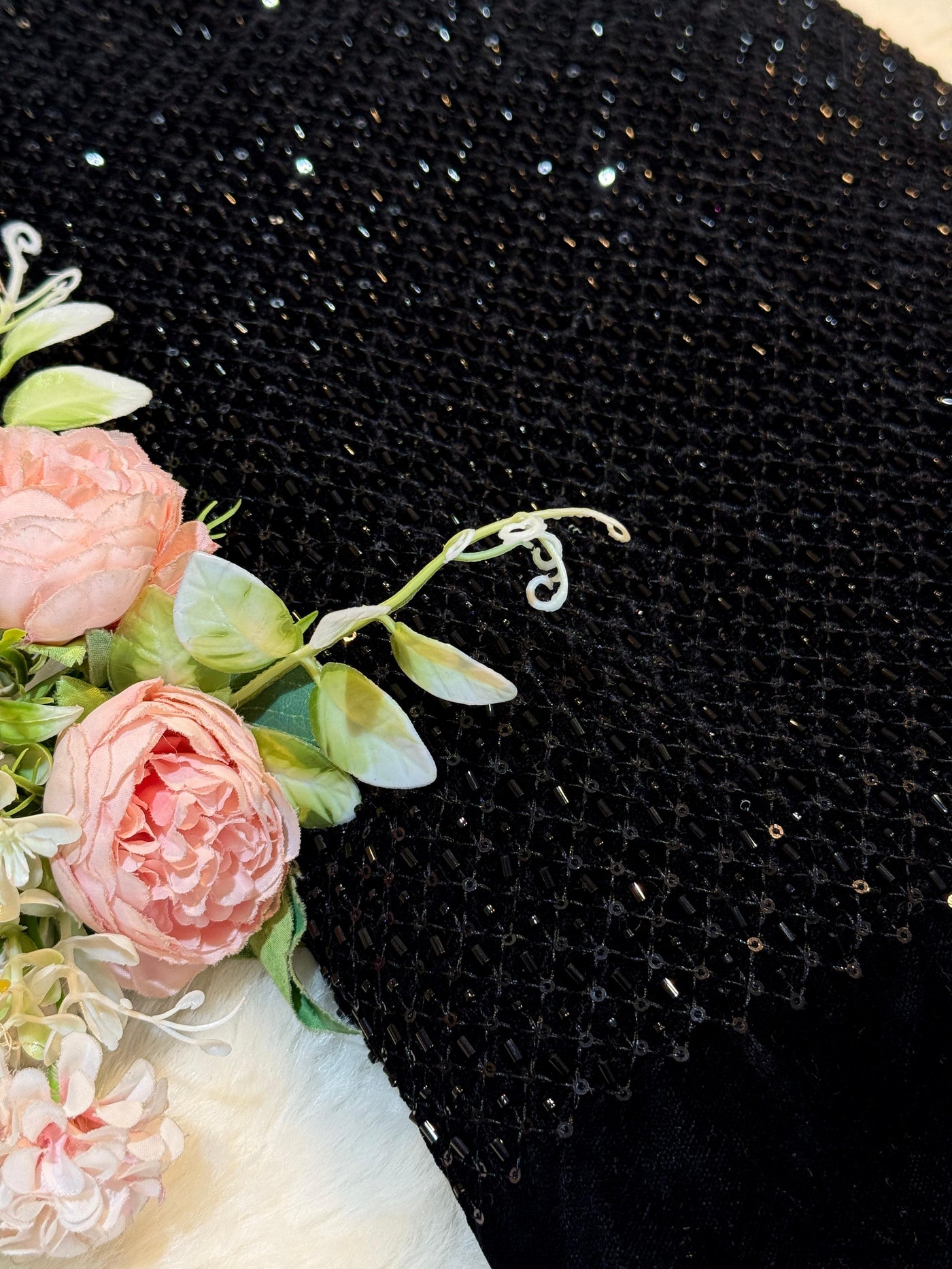 Velvet Net Cutdana and Sequins with Threadwork Embroidery 44 Inch Width