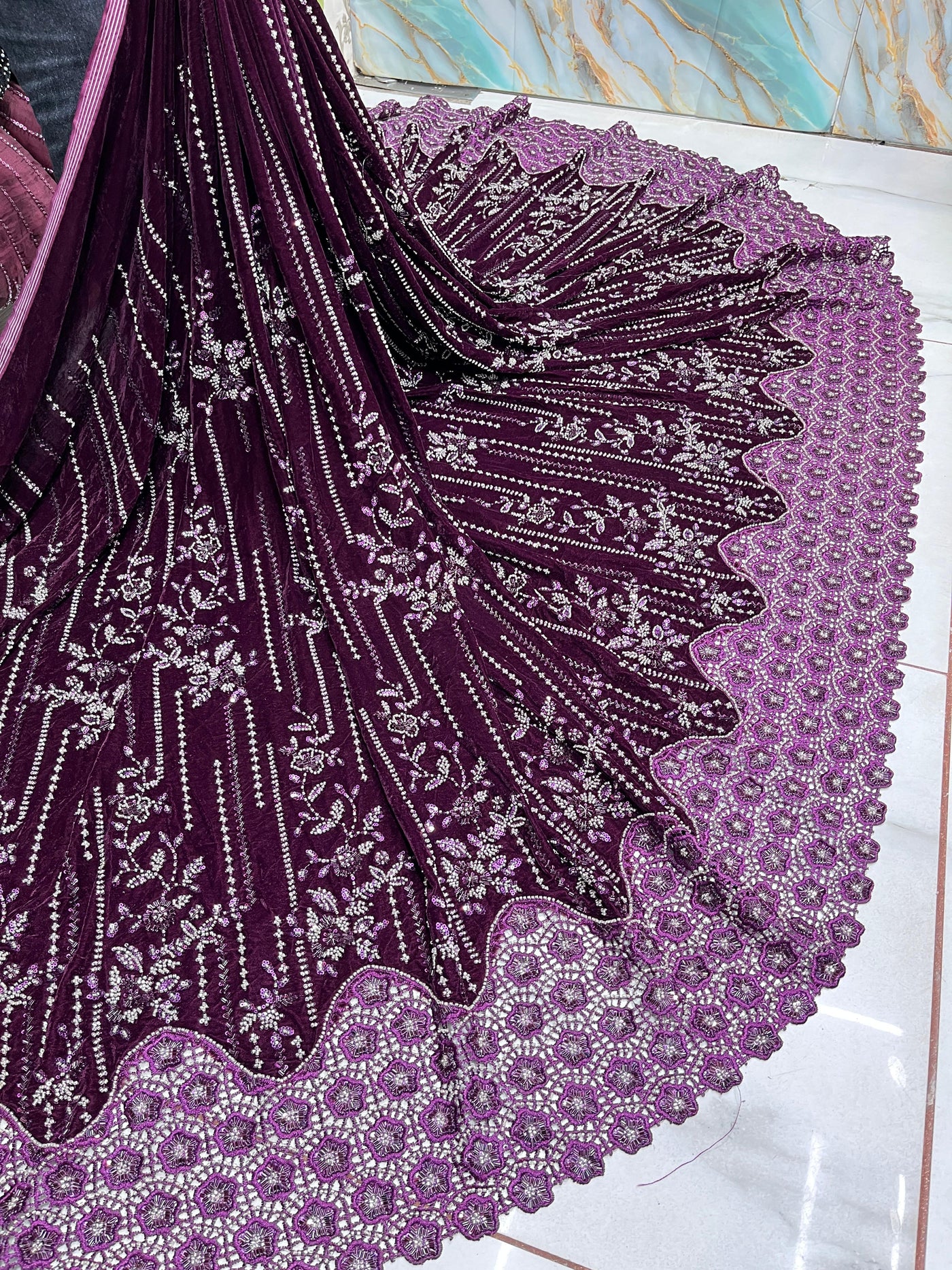 Imported Handwork Velvet Embroidery 50 inch width With Crochet￼ Border