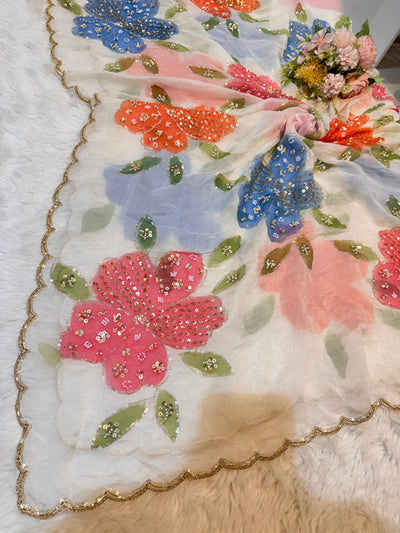 Ayesha white Pure Organza Handwork Dupatta With Floral Work and Four Side Scalloped Borders 2.40 meter length