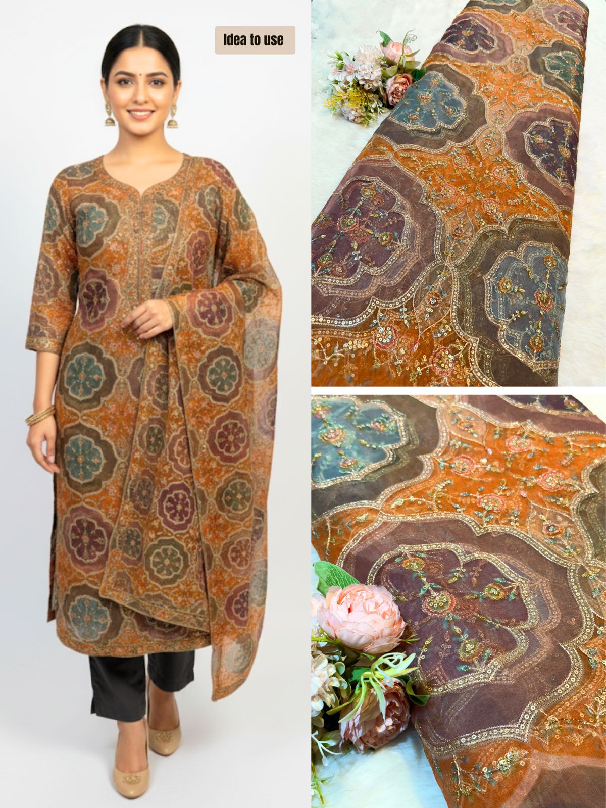 Iliana Orange Organza Prints with Embroidery 44 inch width