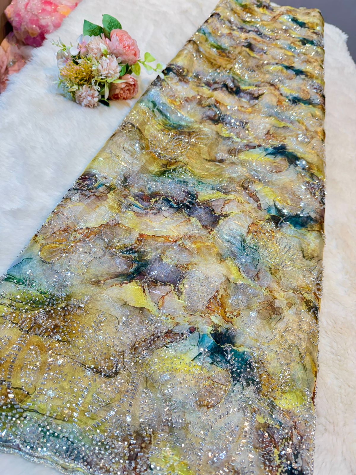 Jimmy choo Yellow Tissue Handwork Embroidery 54 inch Width